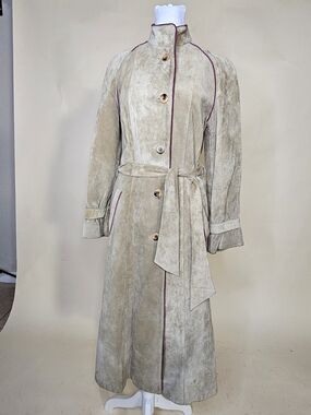 Vintage Cosa Nova Suede Trench Coat with Contrast Piping - Taupe